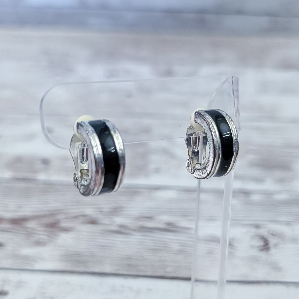 Vintage Clip On Earrings Silver Tone & Black Hoops - Condition Issues